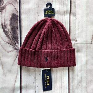 NWT Polo Ralph Lauren Beanie Wool Blend Rib Knit Cuff Pony Logo Maroon Unisex
